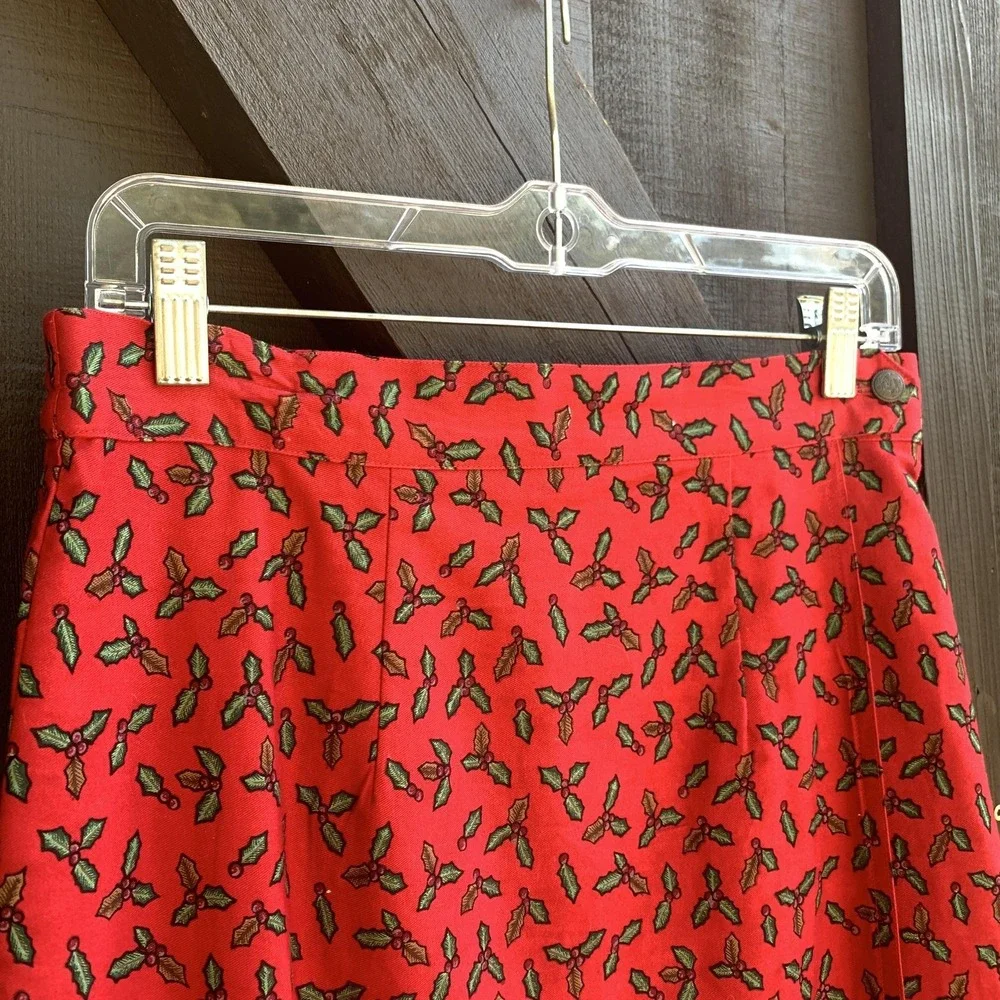Sun River Skirt Womens Medium Red Christmas Holly Poinsettia Border Print Cotton